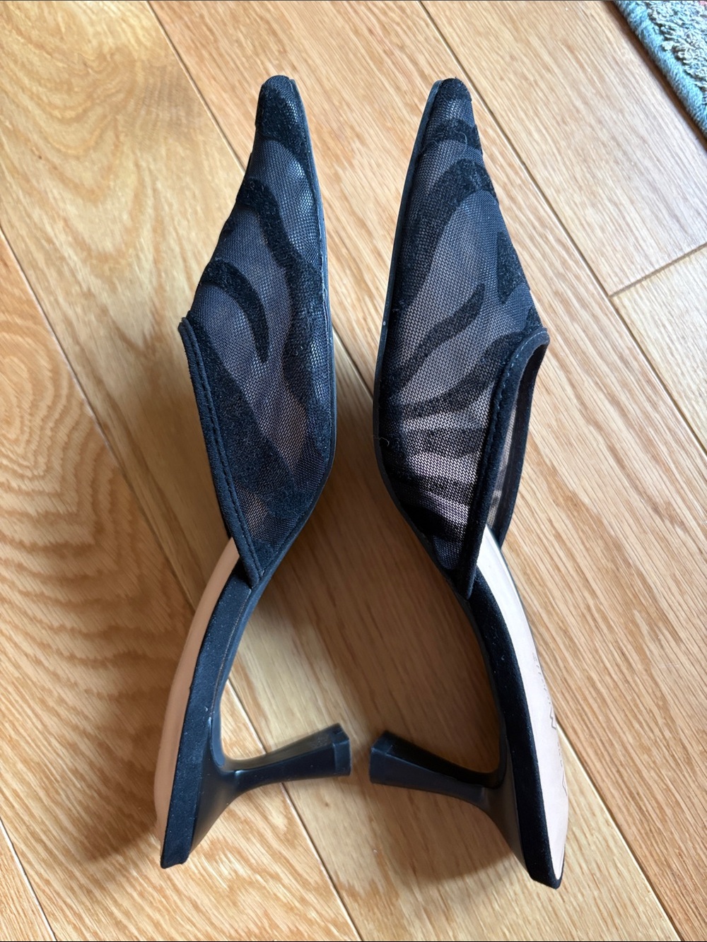 Anne Michelle Black mesh zebra Patterned Pointed-Toe Slip-On Kitten Heel Mules 7 - Picture 2 of 5